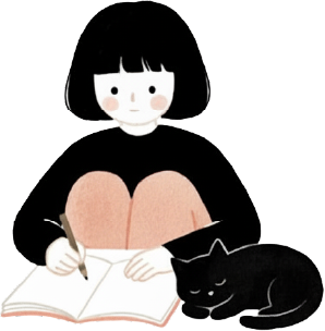 日記を書いている女の子と猫のイラスト